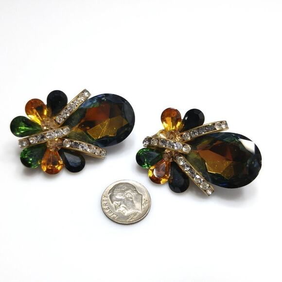 Vintage Austrian Crystal Handset Clip Earrings, New on Card, 1 7/8 Inches - Picture 5 of 5